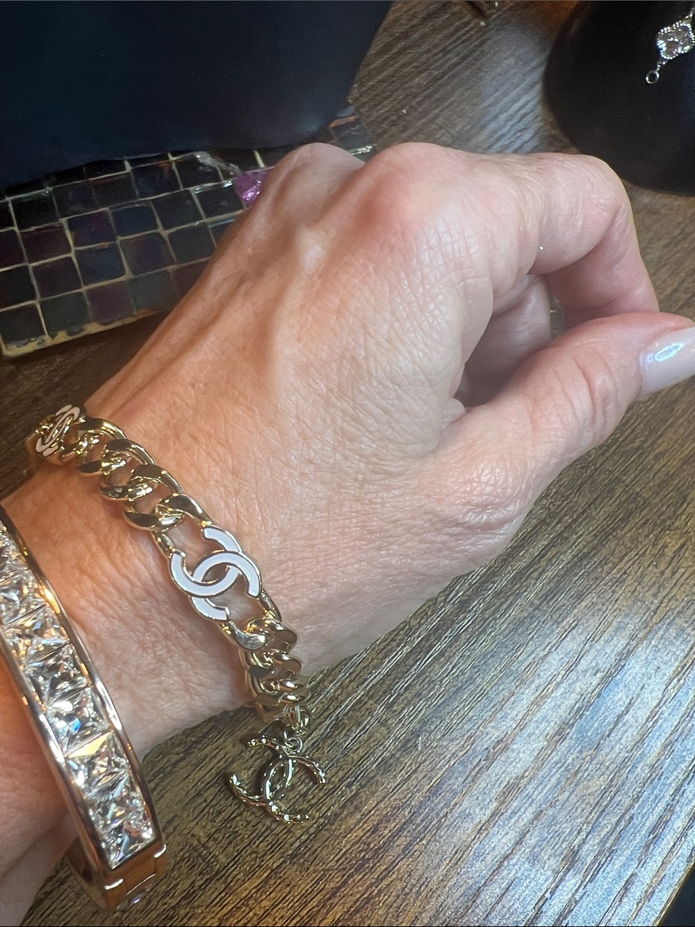 Gold-Tone Chain Bracelet with Interlocking Logo Charm - Women Jewelry